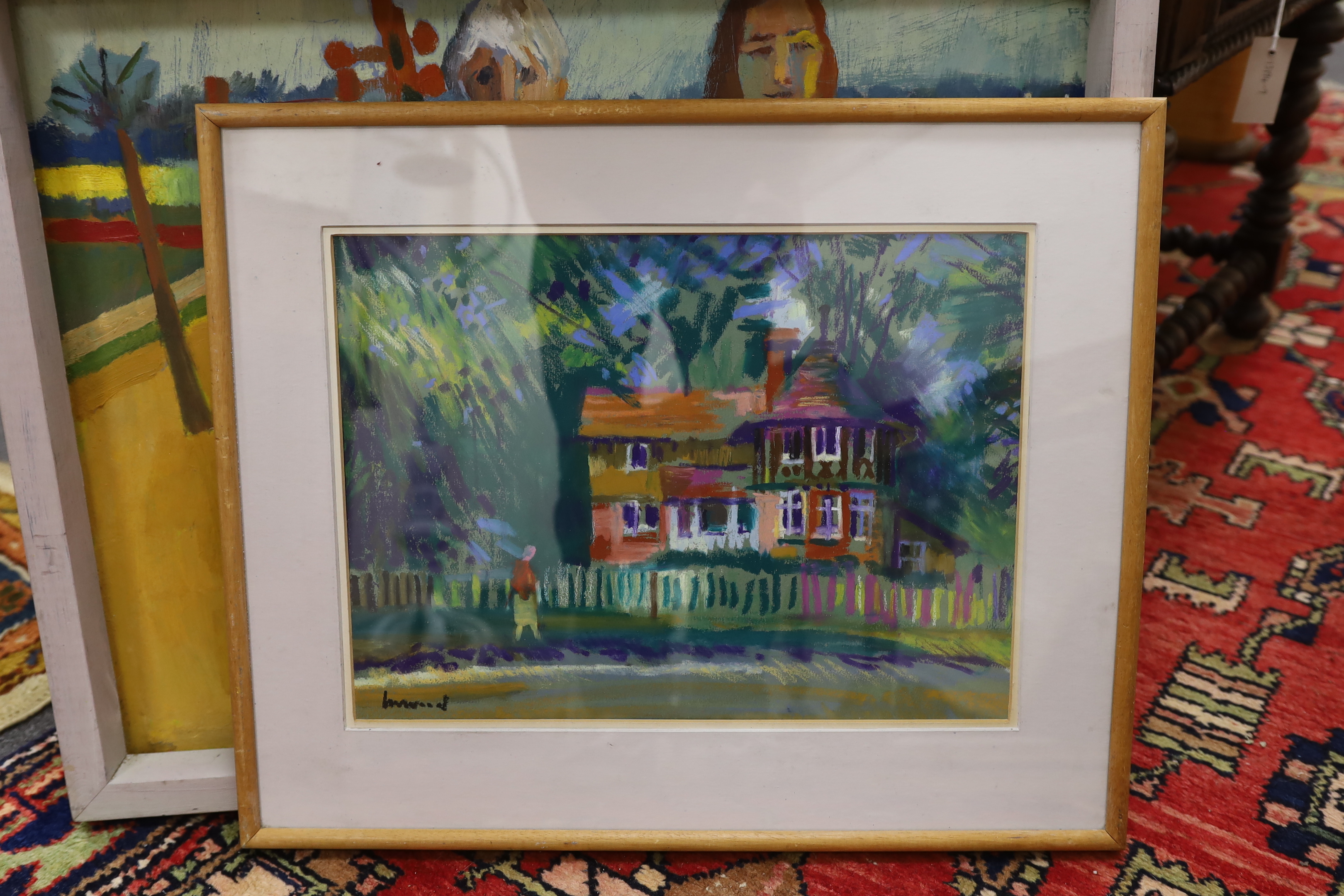 Derek Inwood (1925-2012), one pastel and one oil, ‘Cat and guitar’ and 'The Lodge, Sherringham Park', each signed, largest 51 x 66cm